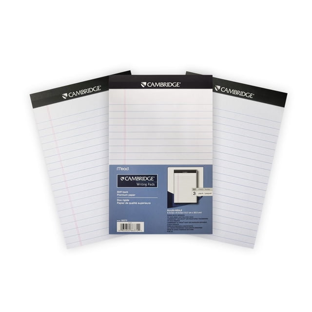 Cambridge® Perforated Pads, Small, white, 5 x 8, 100 Pages, pack of 3 with stiff back and premium wide-ruled paper featuring blue horizontal lines and red vertical margins, ideal for office and school note-taking and suitable for quick lists or reminders.