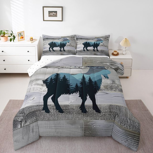 Hunting Goat Full Size Comforter Set, Wildlife Rustic Animals Soft Bed Set For Sofa, Safari Wooden Plank Breathable Down Comforter For Kids Teens, Trees Blue Mountains Cozy Duvet Insert