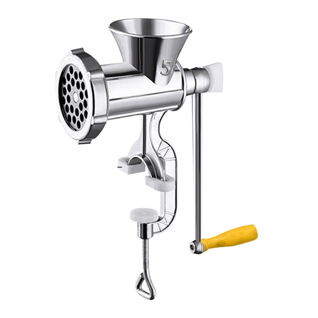 Meat Grinder Manual, a compact hand-cranked machine constructed from durable aluminum alloy, displayed in a front-facing view. Includes a detachable grinding mechanism, yellow wooden handle, and clamp for secure attachment to surfaces. Designed for home-made sausage filling, chili powder grinding, and versatile meat processing. Categorized under small appliances.