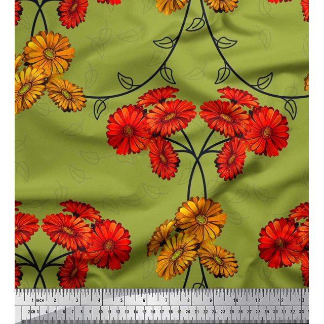 Soimoi Moss Georgette Fabric Leaves & Aster Floral Printed Fabric 1 Yard 42 Inch Wide
