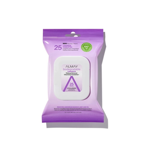 Almay Biodegradable Longwear Makeup Remover Cleansing Towelettes, 25 Count, in a purple resealable package with a white flip-top lid, featuring hypoallergenic, fragrance-free wipes made from 100% biodegradable fibers that gently remove longwear makeup, dirt, and oil from all skin types, including sensitive eyes and contact lens wearers.