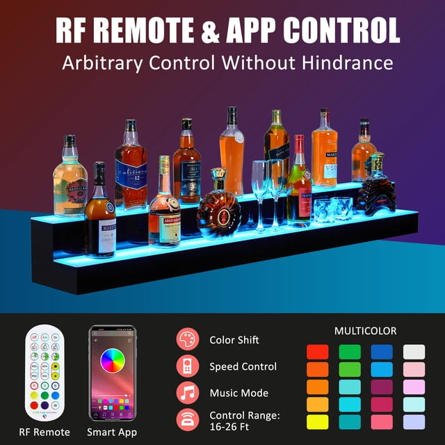 LED Lighted Liquor Bottle Display Shelf, 60 Inch 2-Tier Acrylic Bar Rack, Multicolor Lighting, RF Remote & App Control, Wall-Mounted, Wireless & Mobile Phone Connectivity, Rectangle , 60 inches