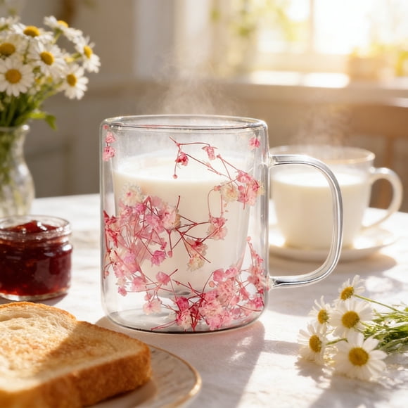 Uuiauoio Double Wall Glass Coffee Mugs, Aesthetic Flowers Cups with Handles,Espresso Cups for Cappuccino Coffee Tea Milk,Insulated Heat Resistant Glass Mug Birthday Gifts for Women,350ml