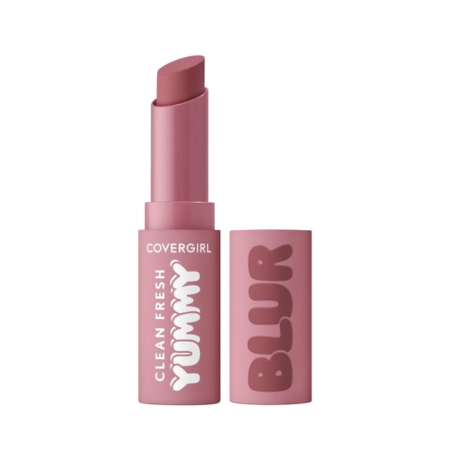 Clean Fresh Yummy Blur matte lipstick by COVERGIRL in muted rose, featuring a blurring effect and soft-focus finish, shown with cap removed beside the tube in pink vegan packaging, ideal for smooth, diffused lip color application.