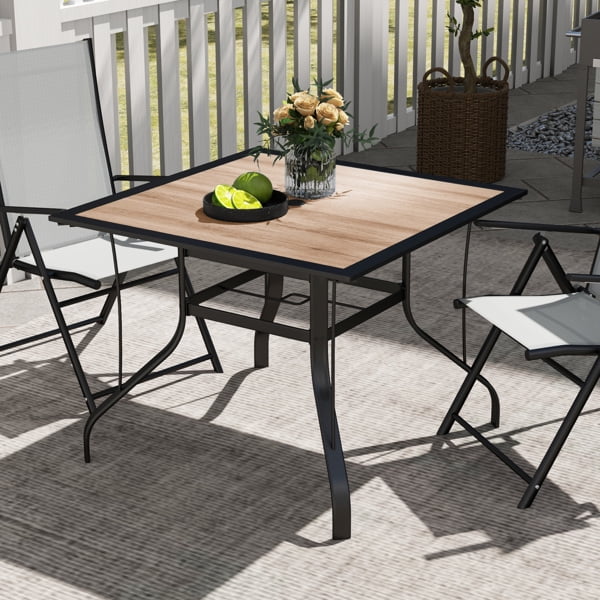 Square Metal Patio Dining Table with Umbrella Hole - Outdoor Wood-Look Table for Garden, Backyard, Porch & Balcony