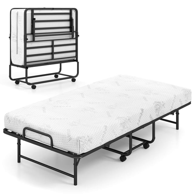 Costway Twin Size Folding Bed with 5-Inch Mattress, featuring a gel memory foam mattress and durable black metal slat frame. The bed is displayed unfolded with a white mattress and folded for compact storage. Includes swivel wheels for easy mobility, locking brakes for stability, and mattress retainers for secure placement. Ideal as a guest bed or portable sleeper for small spaces.