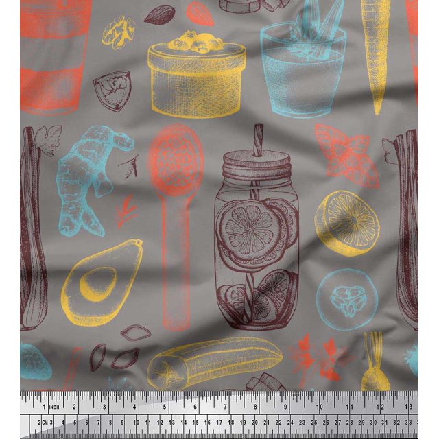 Soimoi polyester Crepe Fabric Vegetables,Jar & Cups Printed Fabric 1 Yard 42 Inch Wide
