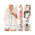 thumbnail image 3 of Gupgi Women Graphic 2 Piece Outfit Short Sleeve Button Down Shirt Lounge Shorts Sets Summer Beach Wear, 3 of 9