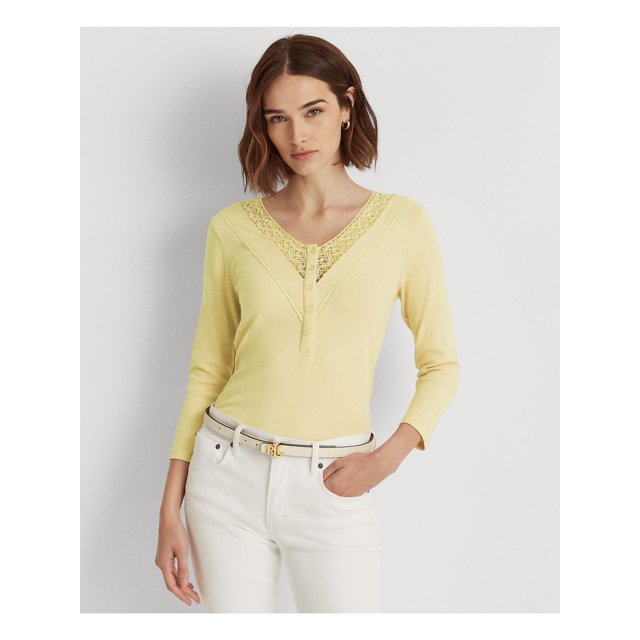 RALPH LAUREN Womens Yellow Fitted Button Front Long Sleeve V Neck Top XL