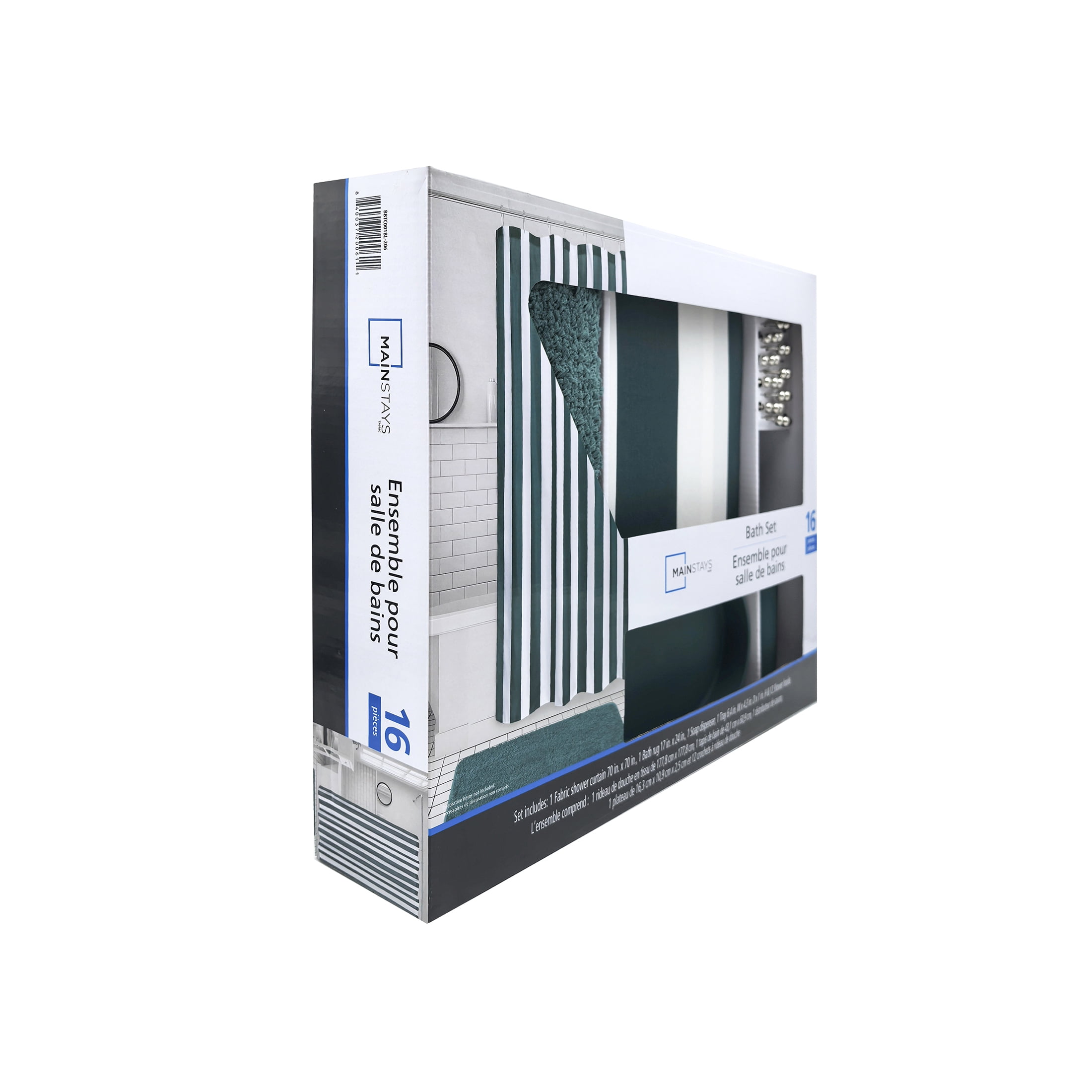 Mainstays 16-Piece Teal Shower Curtain Bathroom Set – Fabric Curtain with Rug, Hooks, Soap Dispenser & Tray