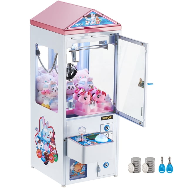 VEVOR Claw Crane Machine Mini Candy Prize Grabber Catcher Arcade Game Toys with a pink and white exterior, transparent acrylic panel, and plush toys inside. Features include a precision steel claw, responsive joystick, and widened prize opening for easy prize retrieval. Comes with 50 game coins, 2 keys, and a power cord. Suitable for family gatherings, mall entertainment, or leisure activities.