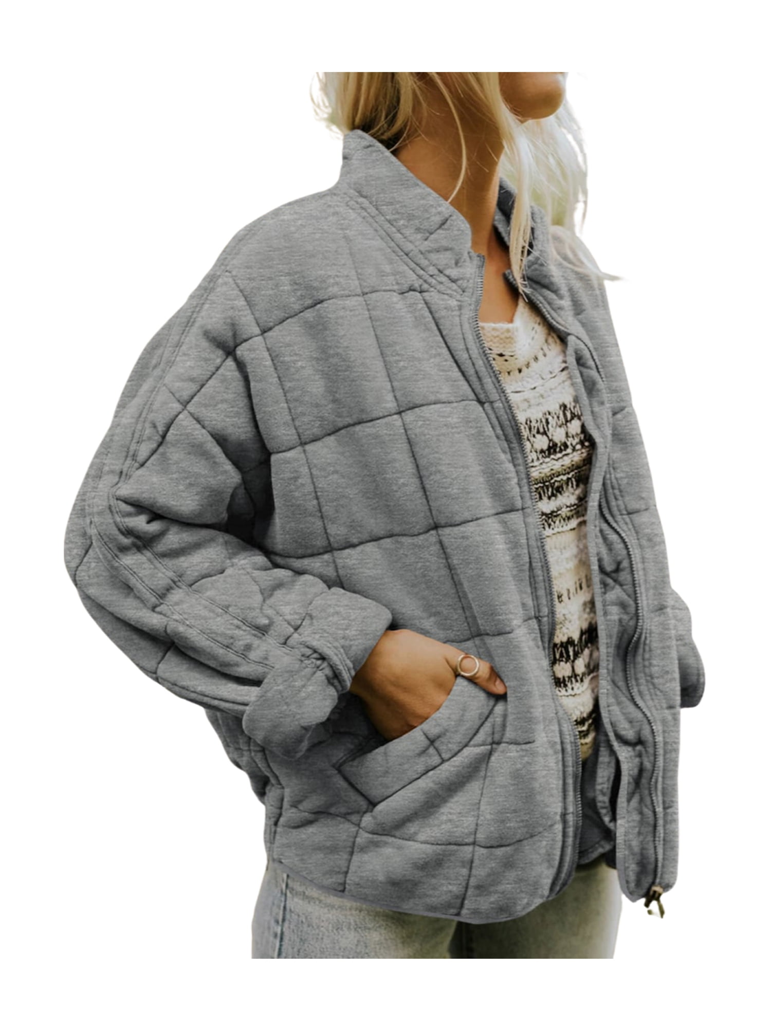 Kmbangi Women Stand Collar Long Sleeve Solid Color Full Zip Quilted Jackets