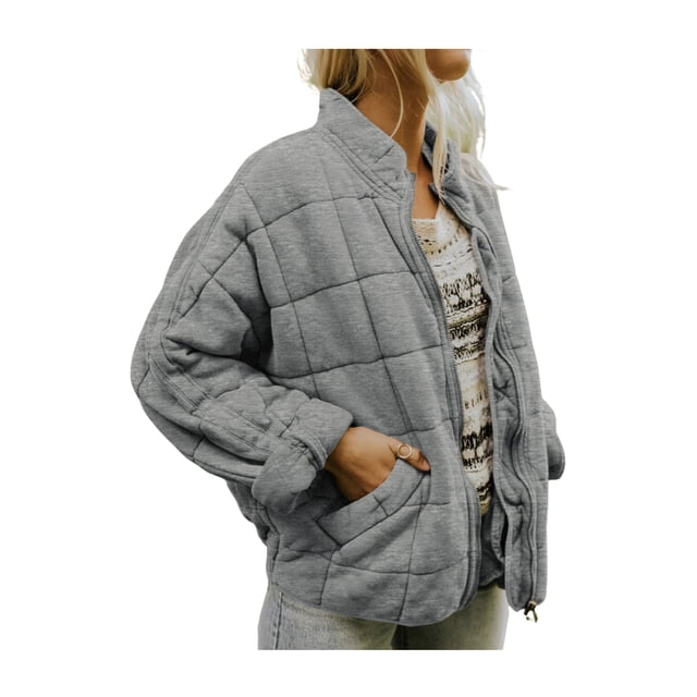 Kmbangi Women Stand Collar Long Sleeve Solid Color Full Zip Quilted Jackets
