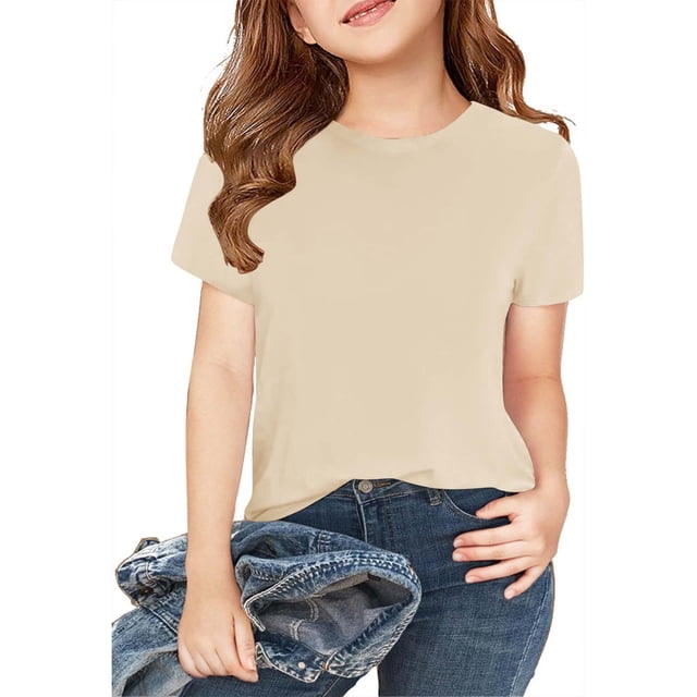 Plebaso Lot de 2 T-Shirts pour Enfants en Coton à Manches Courtes T-Shirts Basiques Décontractés à Col Rond T-Shirts Unis pour Garçons Filles