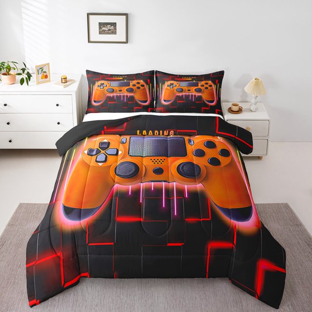 Orange Gaming Kids Queen Comforter Set - Gamer Comforter Boys Queen Size Bedding Set, Neon Lights Abstract Geometry Design Gamer Room Decor