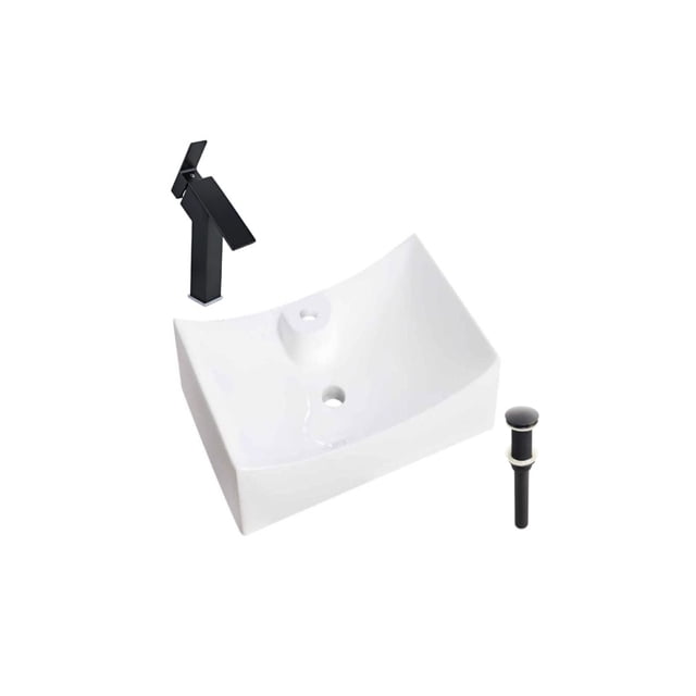 DROP Bath and Kitchen DR091477 Ensemble d'Évier de Salle de Bain avec un Évier Rectangulaire en Céramique Blanc, Doté d'Une Finition Lustrée, d'Un Robinet Noir à un Seul Trou et d'Un drain Noir, Conçu pour une installation au-Dessus du Comptoir dans des Contextes Modernes de Cuisine Ou de Salle de Bain.
