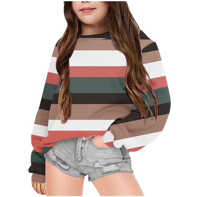 RXIRUCGD Chandail à Rayures à Blocs de Couleur pour Filles, Col Rond, Manches Longues, Chandails Décontractés Amples, Hauts à Enfiler, Mode Automne Hiver, Tenues Mode Urbaine, Chandail Vert pour Filles Taille 2-3 Ans