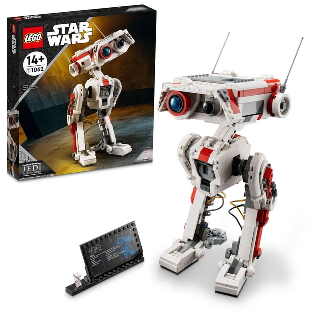 LEGO Star Wars BD-1 75335 Toy Building Kit (1062 Pieces) displaying a posable brick-built BD-1 exploration droid model from Star Wars Jedi: Fallen Order with white, red, and grey bricks, translucent blue eye elements, two antennae, and a display stand featuring an information sign and a small BD-1 figure, ideal for building, displaying, and collecting.