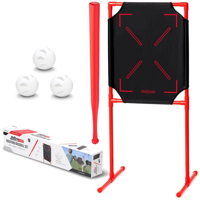 GoSports LotBall AIR Backyard Baseball Bat, Ball and Strike Zone Set designed for outdoor games, featuring a red plastic bat, three white plastic baseballs with aerodynamic designs for unpredictable pitches, and a black polyester strike zone target with red markings supported by a red frame. Includes a branded carrying case and packaging box, ideal for kids' backyard baseball play.