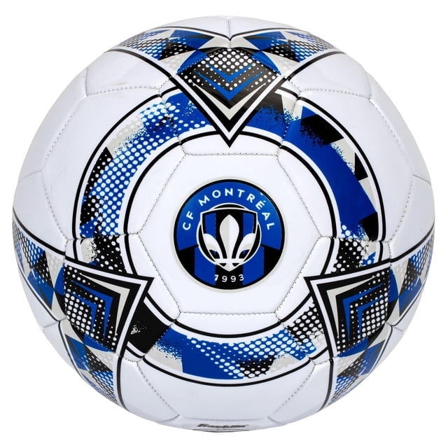 MLS Ballon de Soccer de Montréal avec logo Officiel CF Blu-ray au Centre, Housse Synthétique Blanche avec Coussin en Mousse Présentant des Motifs Géométriques Bleus et Noirs, Ballon Réglementaire Taille 5 Conçu pour le match, le Jeu, l'Entraînement et un Usage Décontracté.