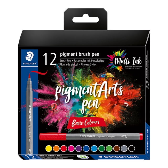 Staedtler Pigment Arts Marker Pens, 12 Basic Colours set featuring pigment brush pens with medium-firm fiber brush tips for controlled thick and thin strokes, permanent waterproof ink, and vibrant colours displayed in a black box with colorful paint splashes and a red pen on the left, ideal for brush lettering, drawing, and illustration.