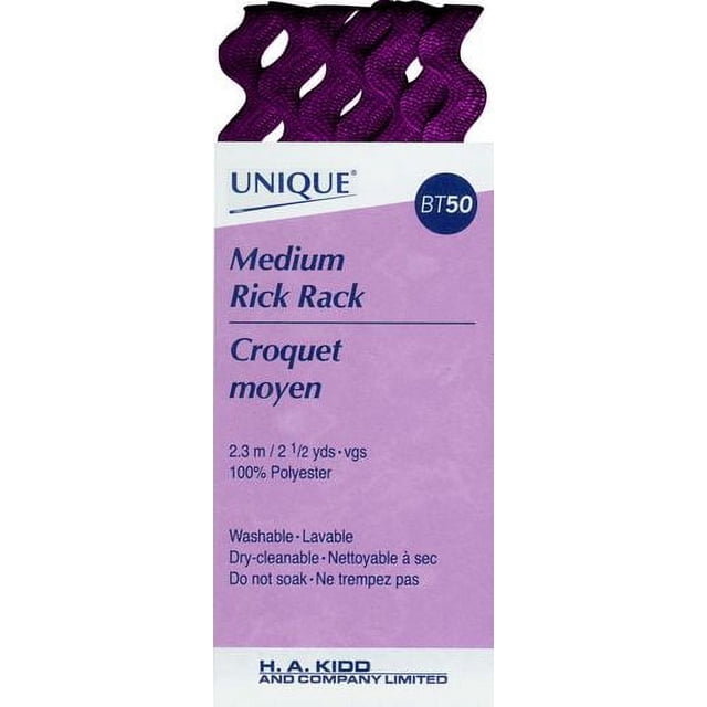 UNIQUE Support de Rick Moyen, Bordure Décorative en polyester Violet Foncé de 6 mm de Large, 2,3 Mètres (2 1/2 yards) de long, Idéal pour la Couture, les Bricolages et les Ornements, Montré avec l'Étiquette d'Emballage Affichant des instructions d'Entretien Lavables et Nettoyables à Sec.