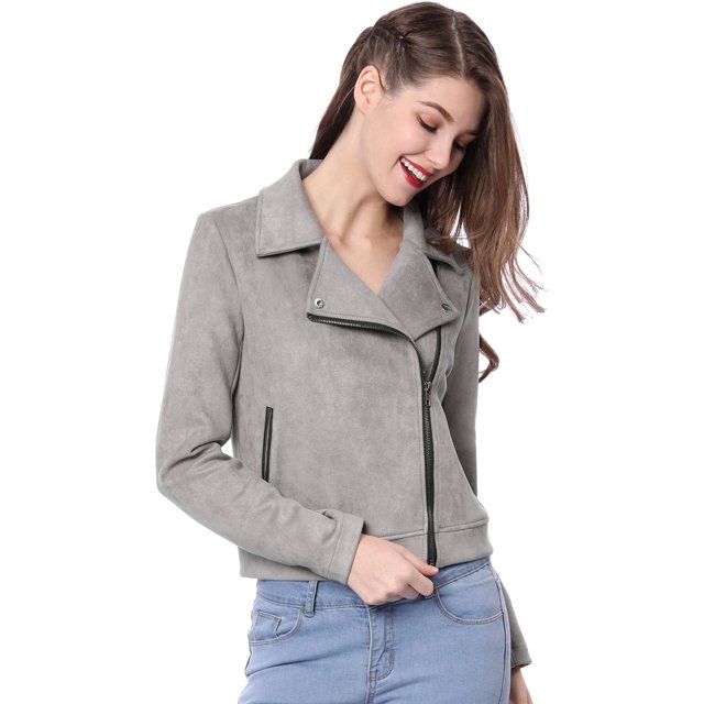 INSPIRE CHIC Women Short Soft Zip Up Faux Suede Biker Moto Jacket