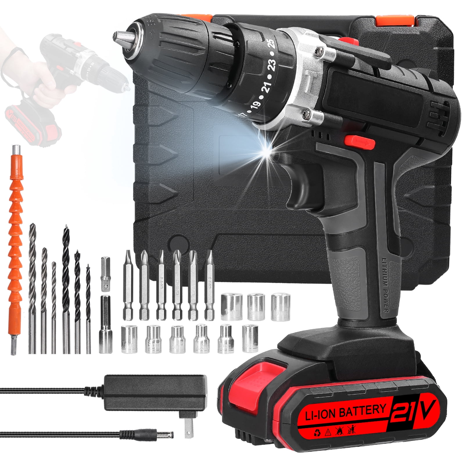 Mistaha 21V Cordless Drill Set with Bit Set and Accessories, Lithium Battery Powered Screwdriver with Impact Drill and Torque Adjustment, LED Light, Ergonomic Handle, Black