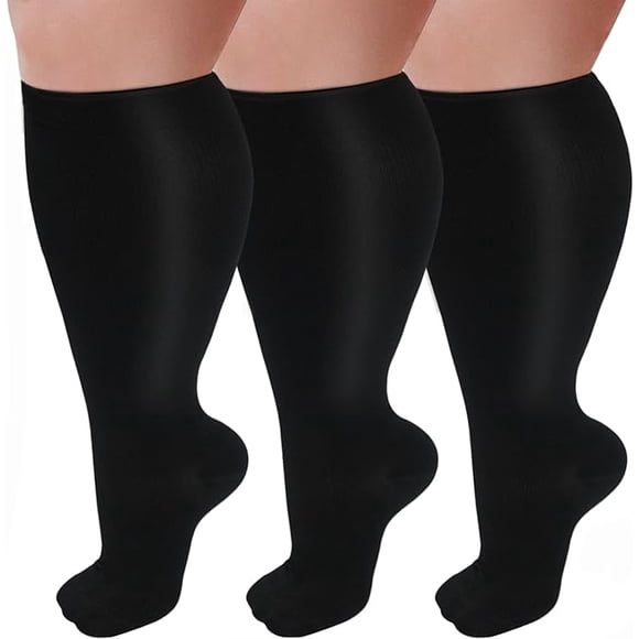 3 Pack Plus Size Compression Socks for Women & Men, 15-20mmHg Extra Wide Calf Knee High Stockings for Circulation Support