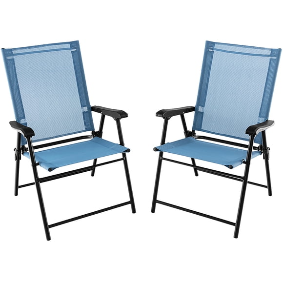 Gymax Set of 2 Patio Folding Chairs Outdoor Portable Pack Lawn Chairs w/ Armrests Blue