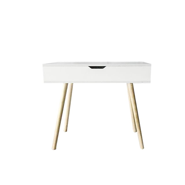 Bureau d'Étude Moderne, Bureau, Coiffeuse avec Rangement et Miroir - Blanc avec un Dessus Rectangulaire en Placage de Mélamine Blanc, Compartiment de Rangement Caché et Grand Miroir sous le Couvercle, Soutenu par Quatre Pieds Inclinés en Pin Naturel, Format compact Convenant aux Chambres d'Enfants Ou aux Bureaux à Domicile.