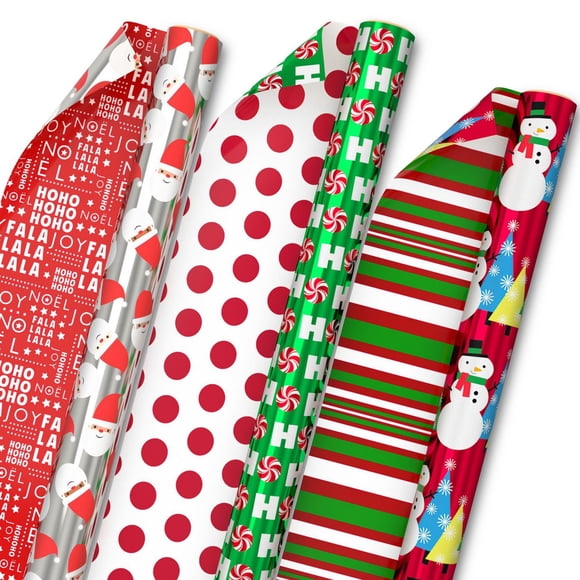 Hallmark Reversible Christmas Wrap Paper (Holiday Fun with Santa, Merry Messages, Peppermint, Dots, Snowmen, Stripes)