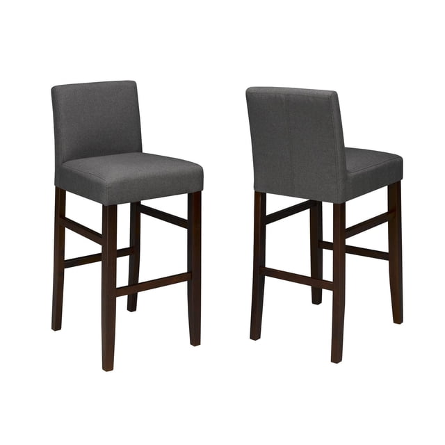 Tabouret de Comptoir de 24 Pieds, Ensemble de 2, Gris avec Sièges et Dos Rembourrés en Tissu Contemporain, Soutenu par des Pieds en Bois Brun Foncé avec Repose-Pieds pour une Assise Confortable, Montré de l'Avant et de l'Arrière sur Fond Blanc, Idéal pour les Sièges de Cuisine et de Salle à Manger.