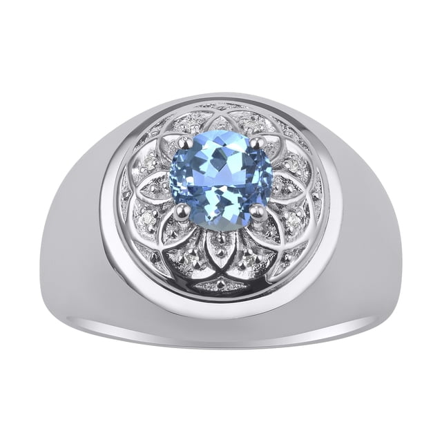 RYLOS Men's Rings Sterling Silver Designer Gypsy 7MM Round Gemstone & Diamond Ring Blue Topaz December Birthstone Size 10