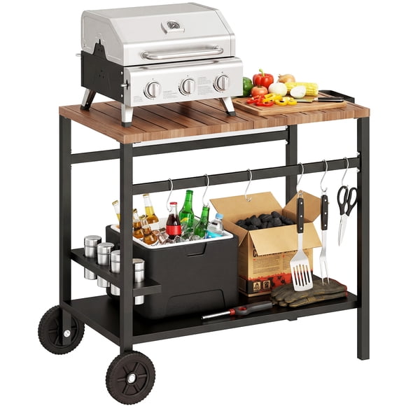 Outsunny Chariot de Gril Extérieur, Support de Four à Pizza à 2 Niveaux avec Porte-Boissons