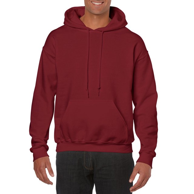 Gildan Mens Heavy Blend Hooded Sweatshirt in garnet red, size small. Made from a 50% cotton and 50% polyester blend with pill-resistant air jet yarn. Features a double-lined hood, matching drawcord, pouch pocket, and 1x1 ribbed cuffs and waistband with spandex. Designed for comfort and durability.
