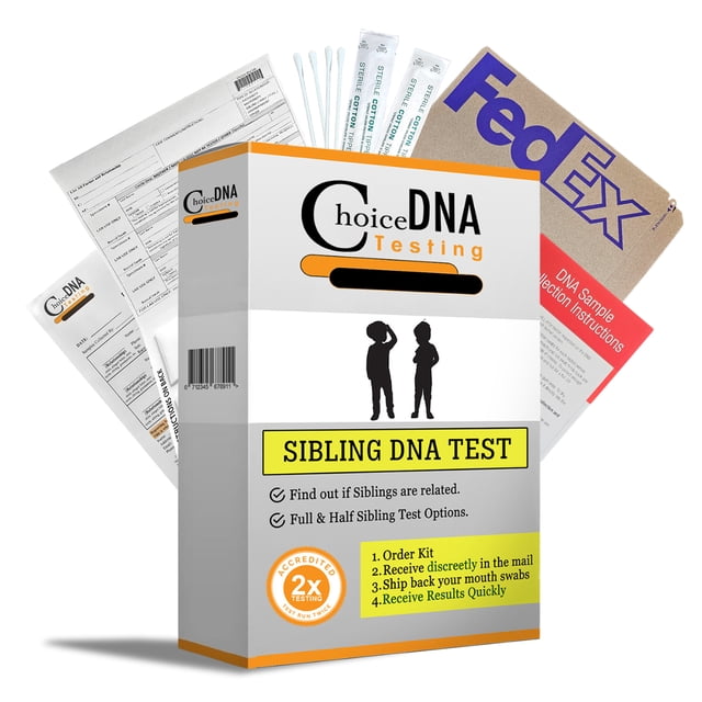 Choice DNA Express Home Sibling Test Kit for 2 Full or Half Siblings. The kit includes a branded box, sterile cotton swabs, a FedEx return envelope, and DNA sample collection instructions. Provides discreet and accurate sibling DNA testing with results in 2-5 working days. Suitable for full or half sibling relationship testing.