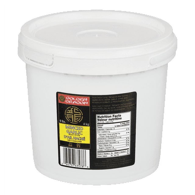 Golden Dragon Minced Garlic in a 4L bulk food service container. The white plastic container features a black and yellow label with the Golden Dragon logo and product details. Ideal for enhancing recipes with a burst of garlic flavor, suitable for professional kitchens and home use.
