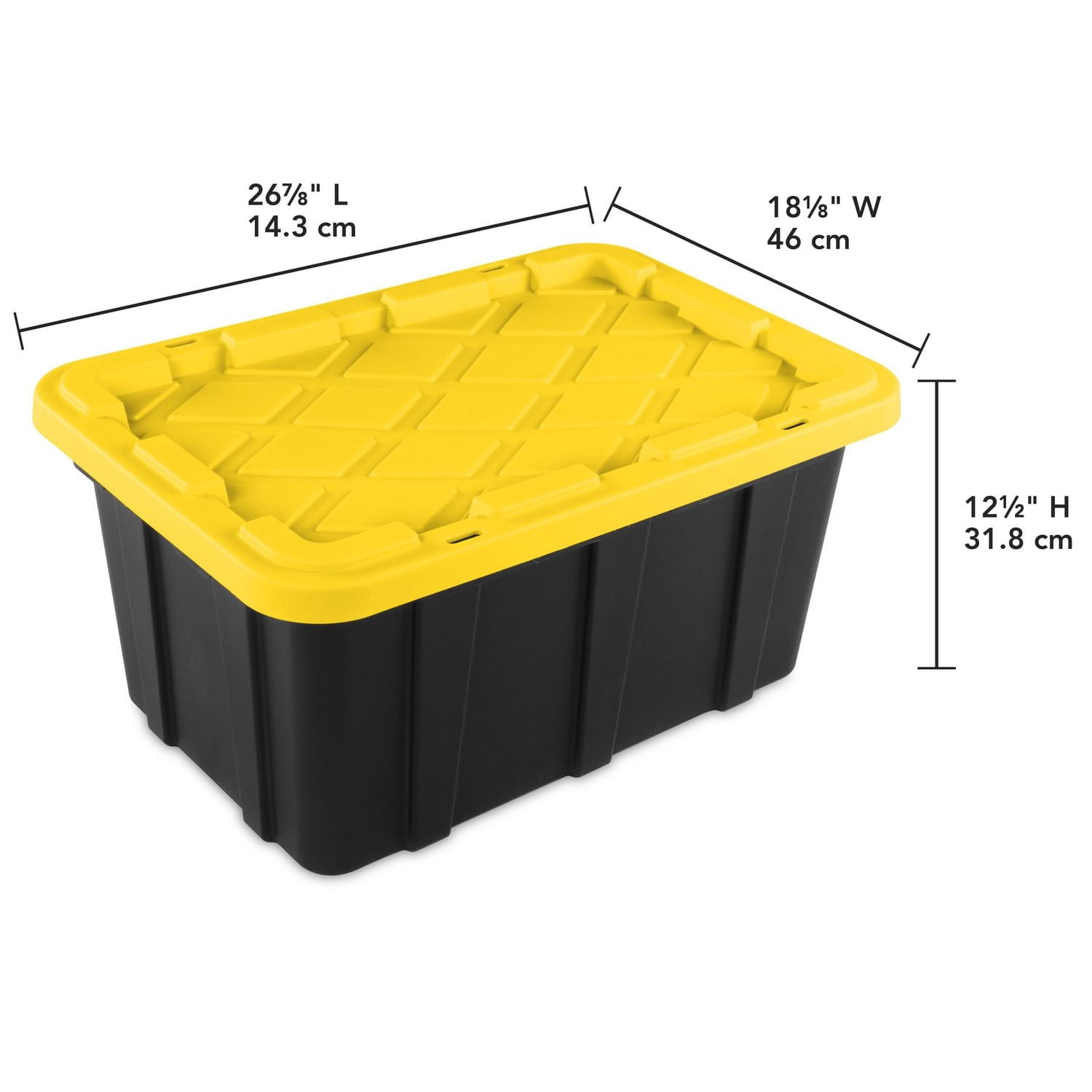 Bac de rangement industriel Sterilite de 64L, bac de rangement en plastique durable avec couvercle à clip, Noir/Jaune - 6 Pk