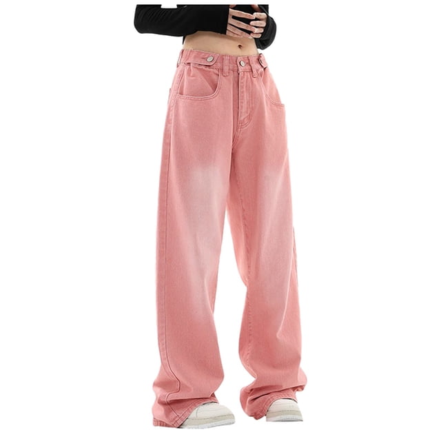 Bmisegm Jeans à Jambe Droite Ample Taille Haute à Jambe Grand pour Femmes, Rouge, P