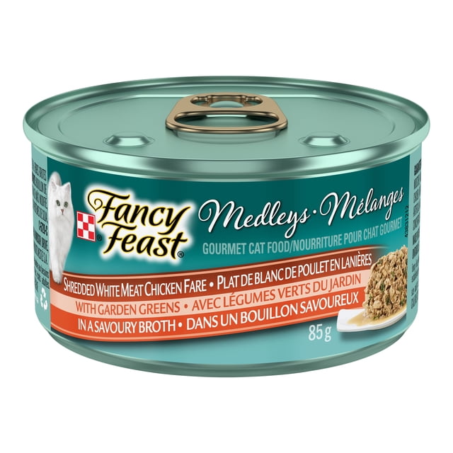 Fancy Feast Medleys Shredded White Meat Chicken Fare in a Savoury Broth, Wet Cat Food 85 g can featuring shredded white meat chicken with garden greens in a savory broth, providing complete and balanced nutrition for adult cats, often used as a cat food topper to enhance flavor and variety.