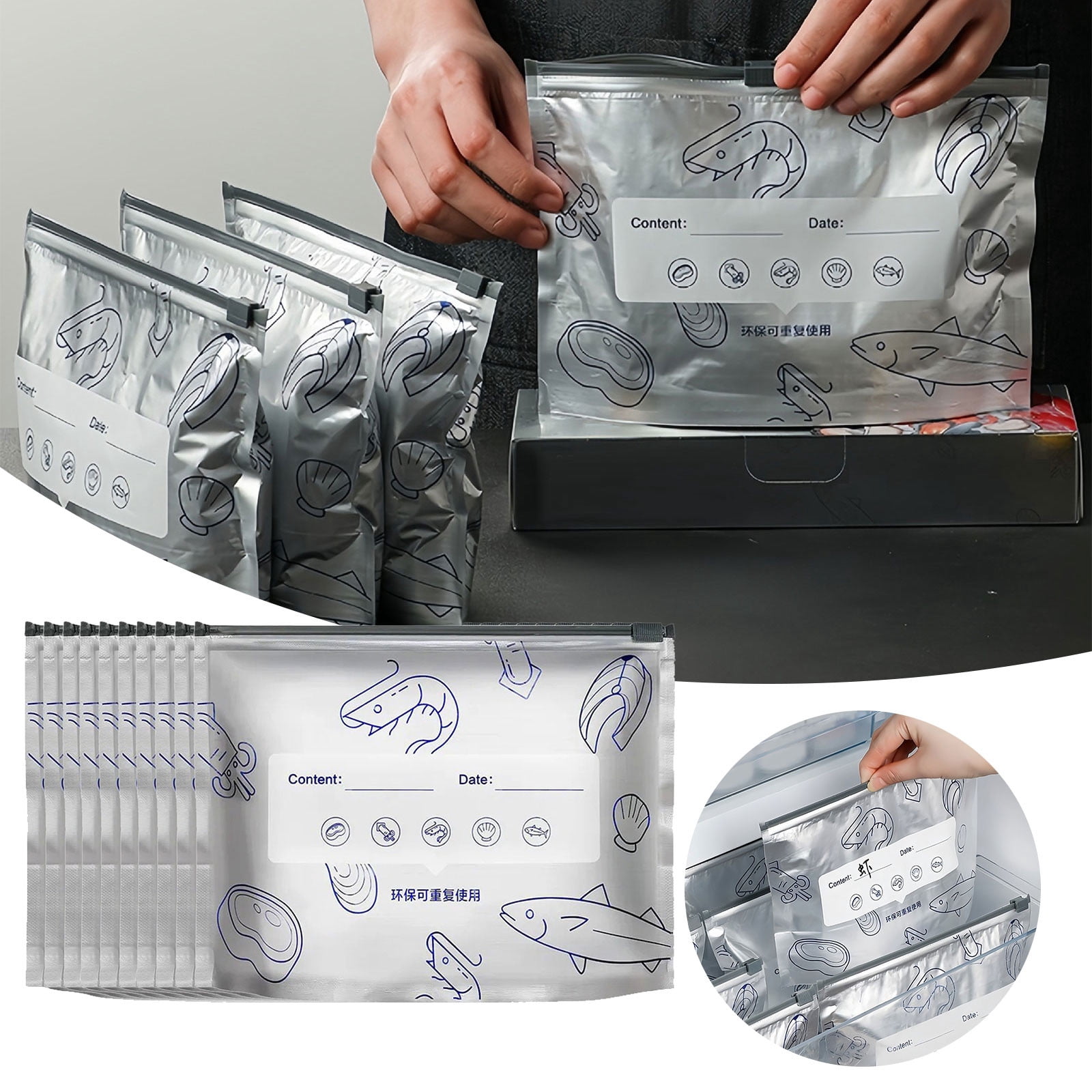 Reusable Food Storage Bags with Stand-Up Bottom – Aluminum Foil Material Sealed and Reusable Design for Kitchen Food Preservation Freezable Durable and Easy to Use 10PCS