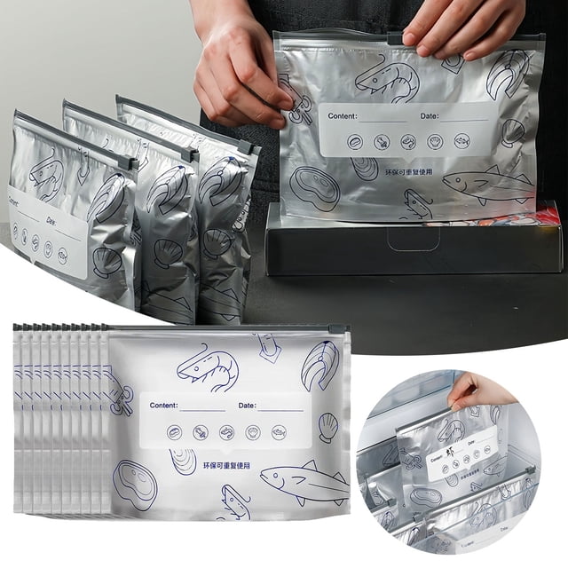 Sacs de Rangement Alimentaires Réutilisables avec Fond Autoportant pour la Cuisine, Matériau en Papier D\'aluminium, Scellés et Réutilisables, Congelables et pour la Préservation de la Fraîcheur, 10 Pcs