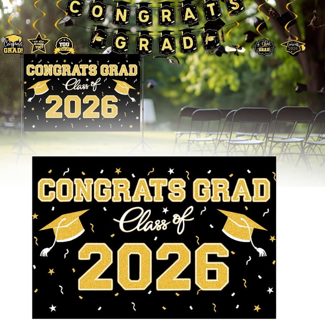 Graduation Decorations 2026 Set Black Gold, Congrats Grad Decor Set with Banner Backdrop Porch Sign,Hanging Swirls Honeycomb Centerpieces Balloons for Grad Party Decorations
