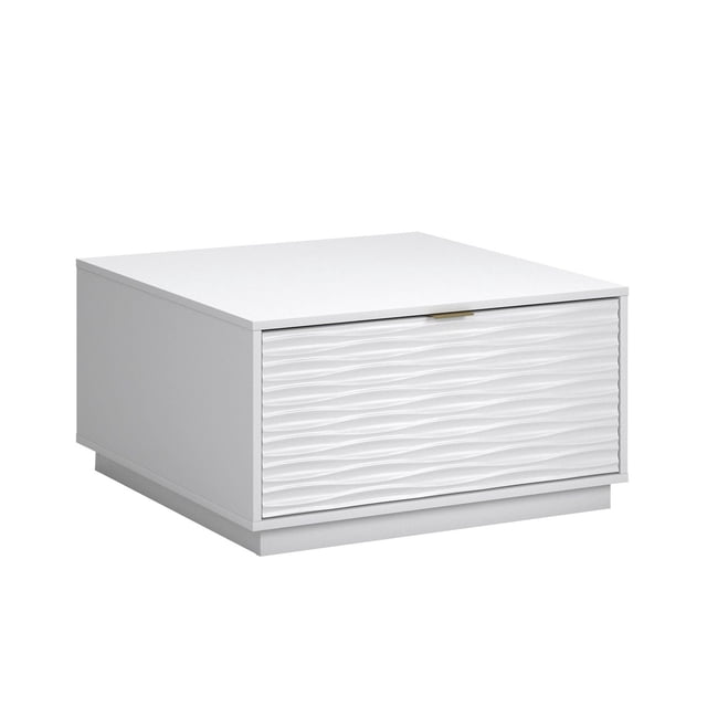 Sauder Morgan Main Table Basse Blanche au design Carré Moderne, Présentant un Motif Ondulé Texturé sur le devant du Tiroir, Quincaillerie Dorée et Deux Tiroirs à Extension Complète pour le Rangement, Fini sur Tous les Côtés avec une construction de Panneaux Solide et Légère, Idéale pour le Salon.