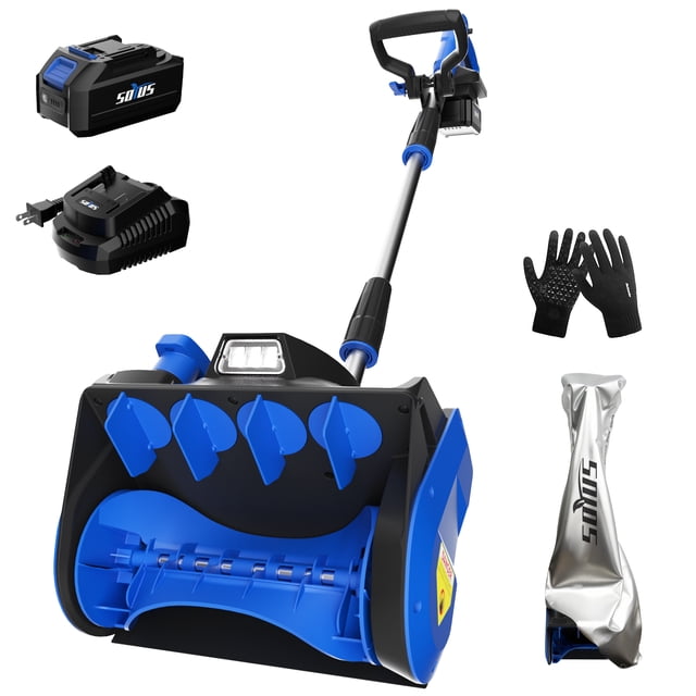 SOYUS Cordless Snow Shovel, 20V 12-Inch Electric Snow Shovel with LED Light, Directional Plate & Adjustable Handle, Cordless Snow Blower (4.0Ah Battery, Charger & Cover Included) Front-facing, showing adjustable handle, LED light, rotating directional plate and dual-curved auger housing with 4.0Ah battery, charger and cover on white background for quick snow removal.