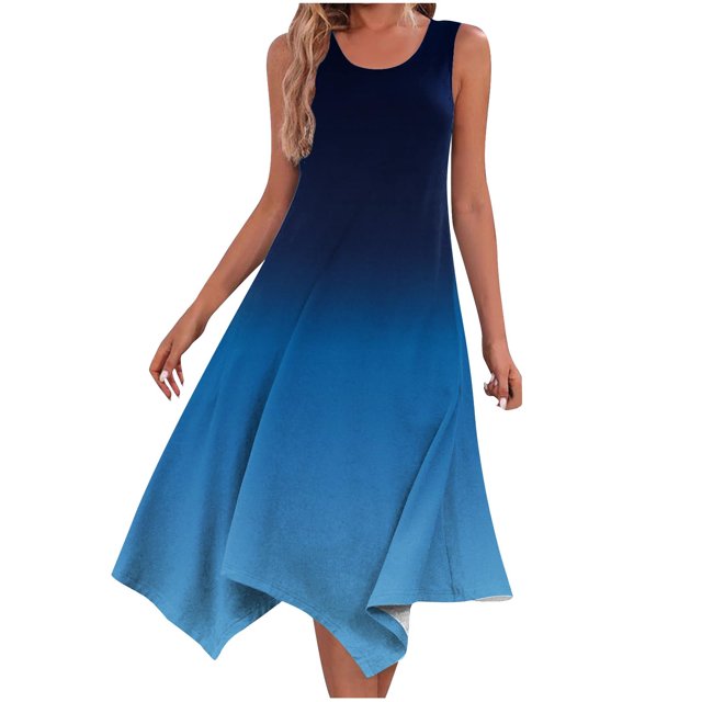 Yuyuzo Robe pour Femmes Sans Manches Décontractée Robe Débardeur Col Rond Robes de Plage Ourlet Irrégulier Robes Midi Fluides