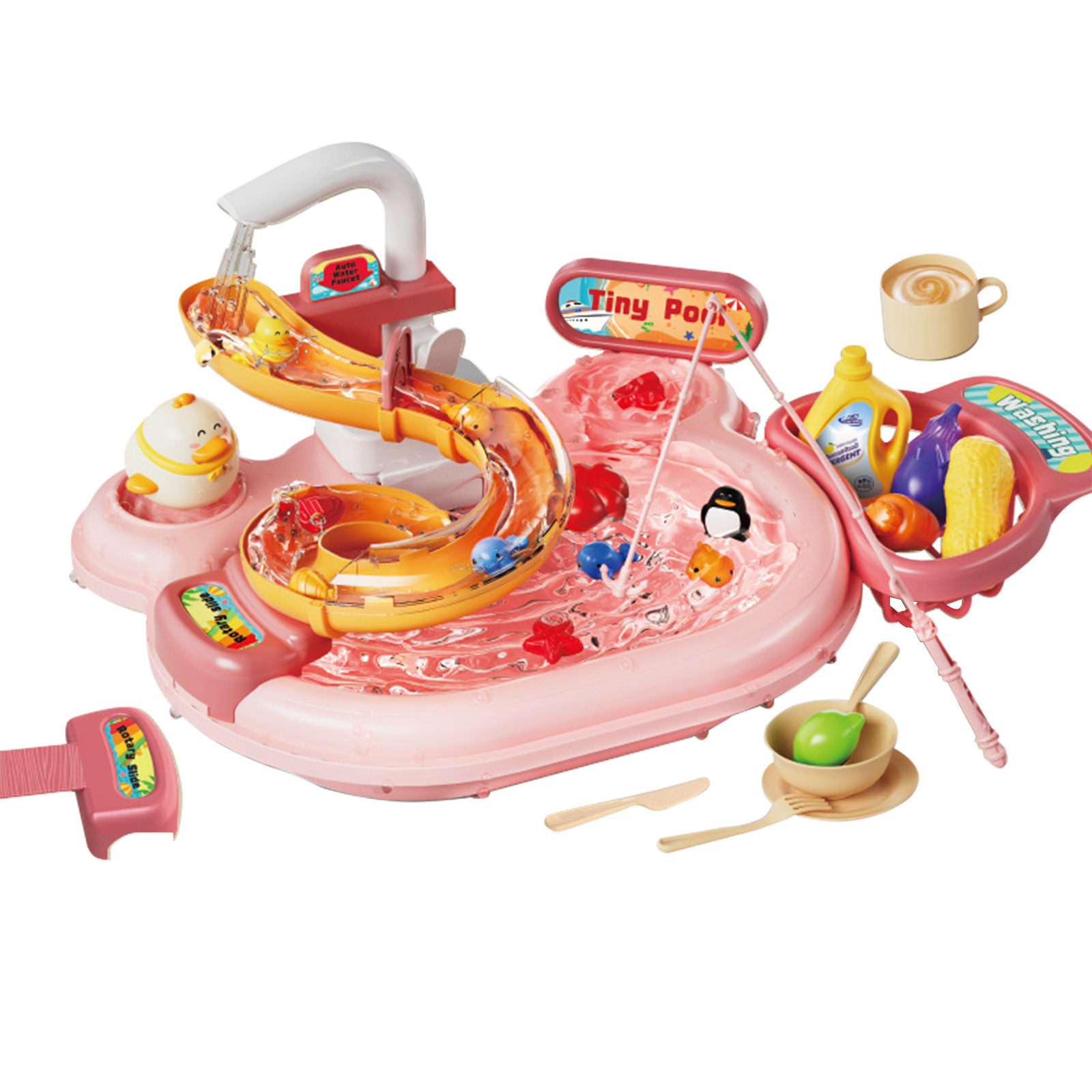 Riwcyla Multi,function Toddler Sink 2,in,1 Kitchen Electric Dishwasher with Running Pretend Role Play for with A Slide 22pcs Kitchen Accessories 180°Rotatable