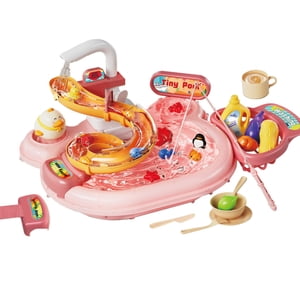 Riwcyla Multi,function Toddler Sink 2,in,1 Kitchen Electric Dishwasher with Running Pretend Role Play for with A Slide 22pcs Kitchen Accessories 180°Rotatable