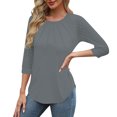 thumbnail image 4 of Olyvenn Hauts à Manches 3/4 pour Femmes, T-Shirt d'Été Décontracté Tendance, Tunique à Col Rond Plissé, Gris m, 4 of 9
